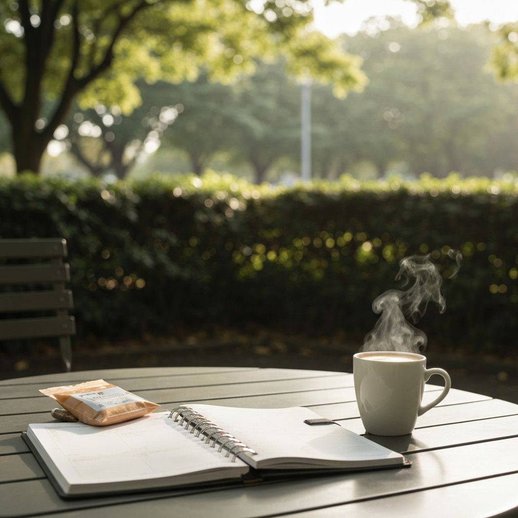 Café-Tisch mit Planer, Supplement-Pouch und Kaffee in entspannter Umgebung