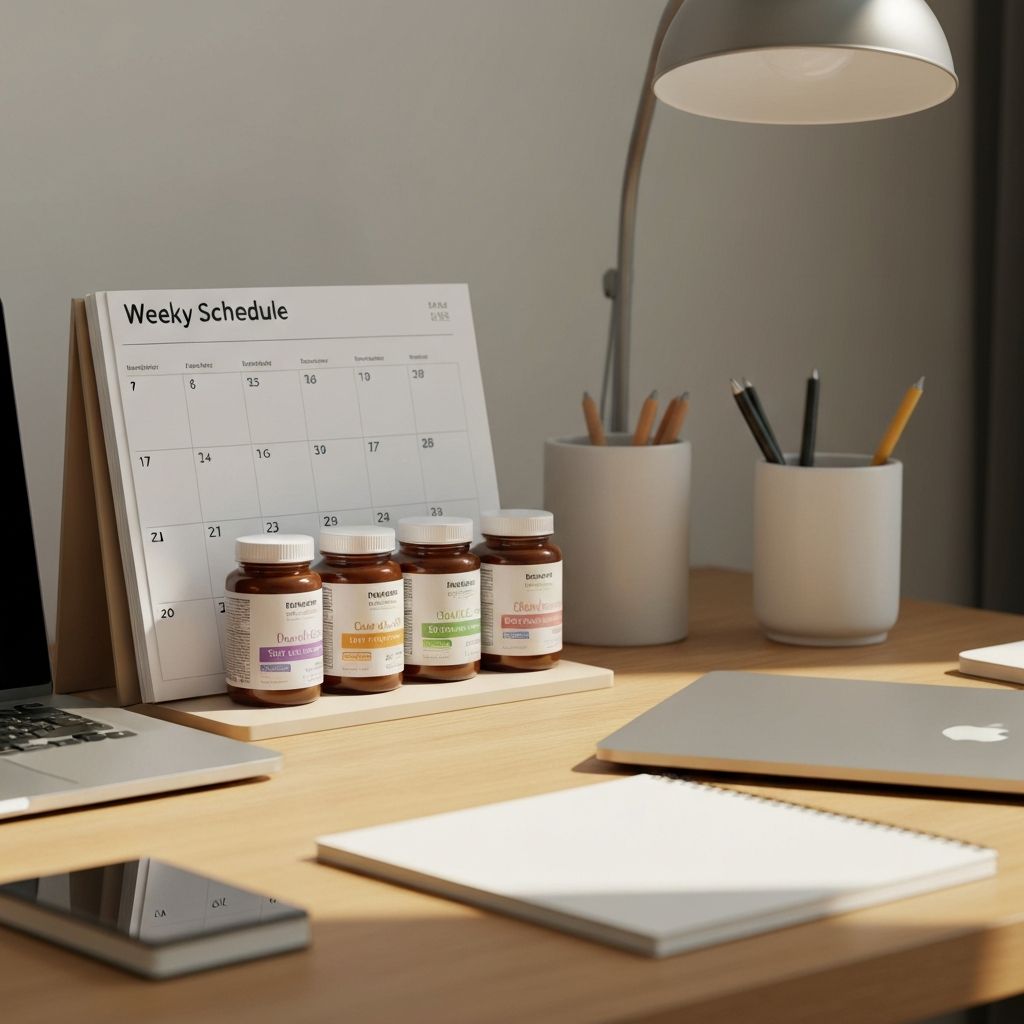 Arbeitsmittagessen mit Wochenplan, Supplements und organisierten Behältern