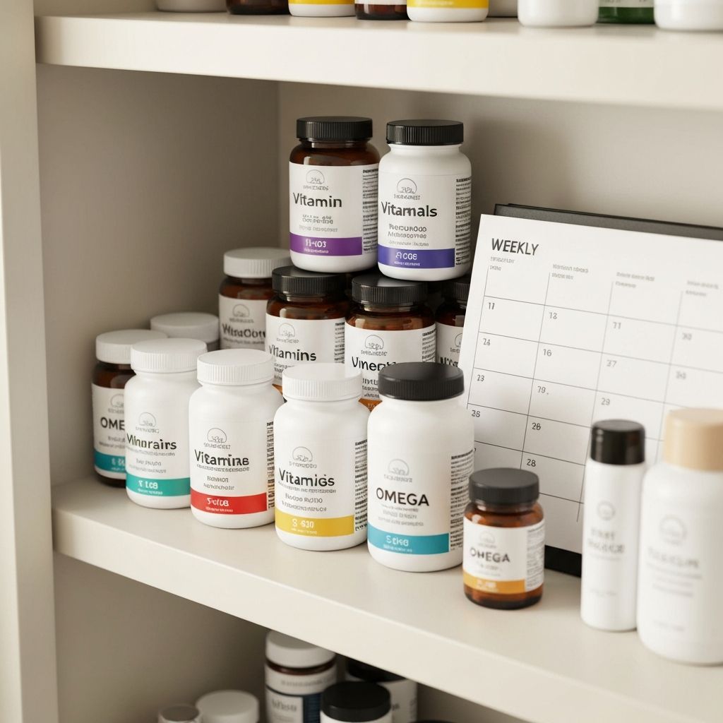 Organisiertes Regal mit beschrifteten Supplement-Behältern, Vitaminen und Mineralien